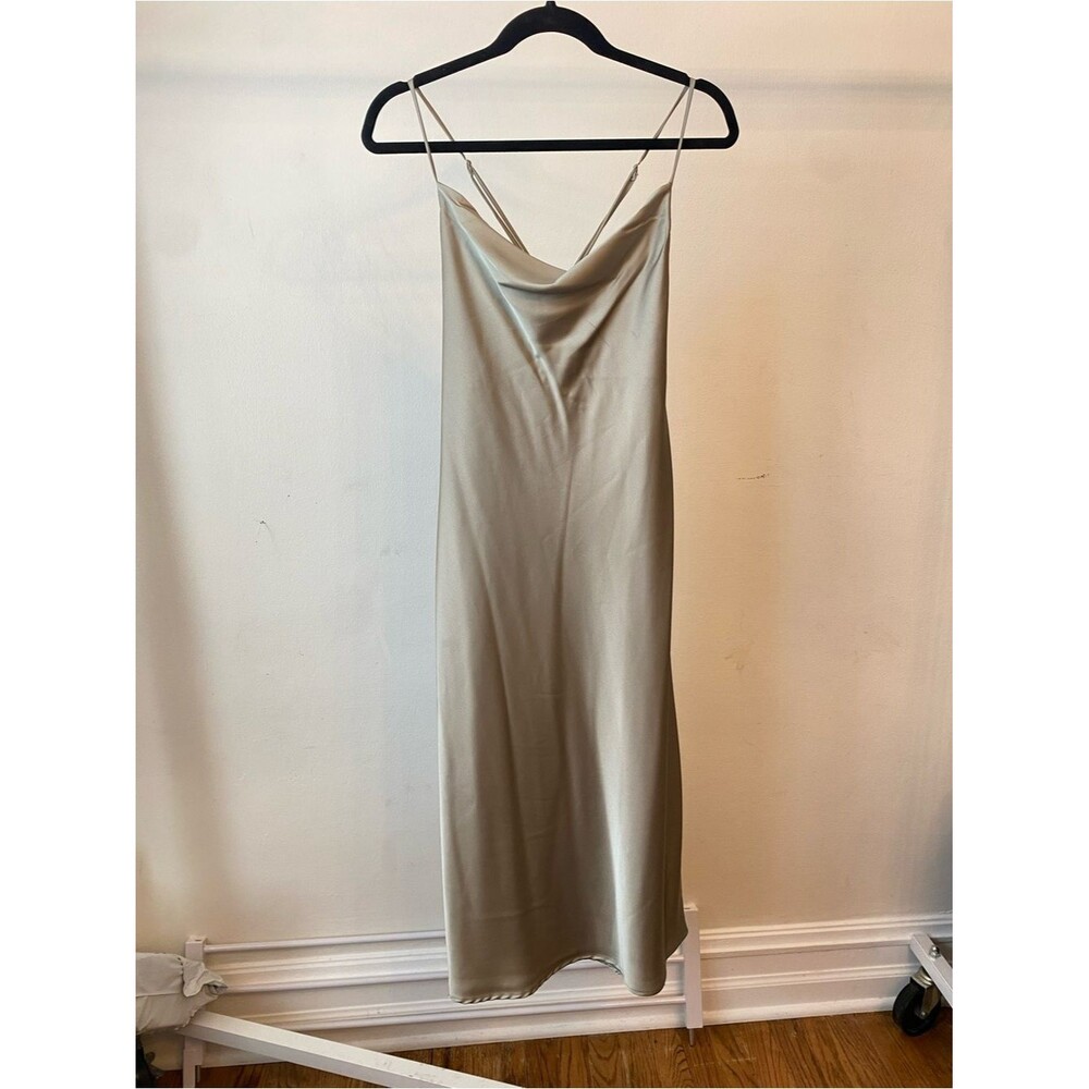 Satin Cowl Neck Slip Dress in Light Beige olive